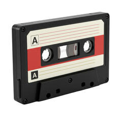 A pristine vintage audio cassette tape with deep black plastic, silver screws, visible brown magnetic tape, and a white label with red and golden stripes, on a transparent isolated studio background
