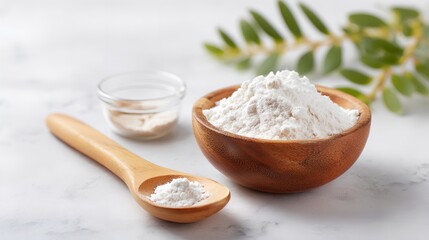 Spoonful of flour is sitting in a bowl next to a glass jar