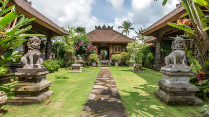 Fototapeta premium A quiet courtyard featuring ancient Balinese architecture, sacred statues, and lush tropical greenery, reflecting island spirituality and peace