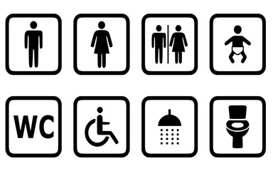 Washroom signs. Restroom or toilet door sign set containing gents, ladies, disabled, baby changing. Printable sticker