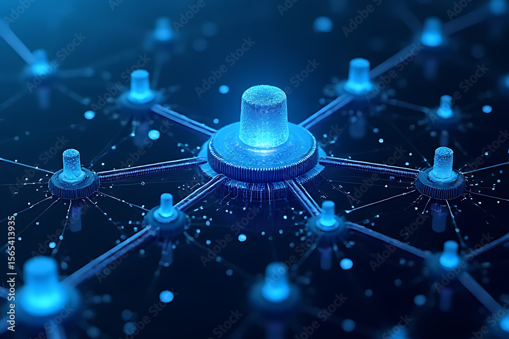 Fototapete abstract digital network illustration with glowing blue nodes connected by lines on a dark backgroun