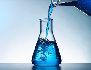 blue liquid pouring into erlenmeyer flask