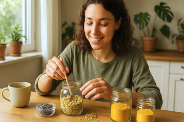 Happy Young Woman Mixing Natural Herbal Ingredients, Wellness Enthusiast Organizing Organic Superfoods and Herbs in a Bright Kitchen Setting, ayurvedic lifestyle

