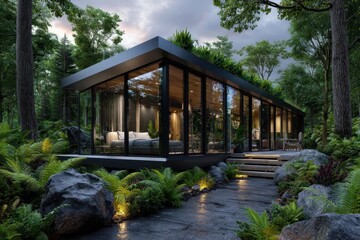 Modern glass house nestled in a lush forest during a cloudy day