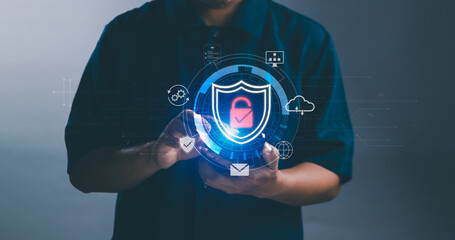 Data privacy and cyber security concept ,Man using secure personal data protection display with...
