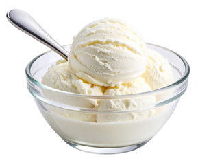 Creamy Vanilla Ice Cream Scoop with Silver Spoon in Clear Glass Bowl, isolated on transparent background