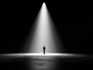 Existential burnout. A lone figure stands in a spotlight amidst darkness.