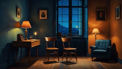Fototapeta premium A dimly lit room, divided by color, features antique furniture, a desk, and a view of a moonlit city at night.