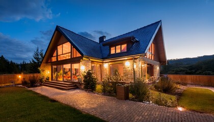 Fototapeta premium a cozy cottage illuminated with warm lights in the evening