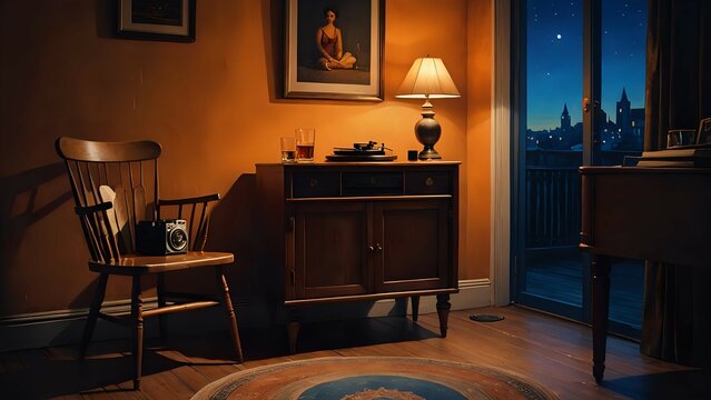 Quiet evening in a dimly lit apartment, featuring a vintage record player, a comfortable chair, and a city view at night.