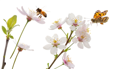 Floating spring and summer flowers with bees and butterflies isolated on a white background PNG. AI GENERATED.