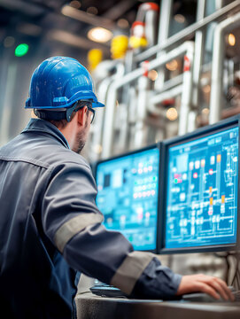 Scada industrial system maintenance. Monitoring engineering. Data system engineering network system. Engineer monitoring SCADA screen with process indicators