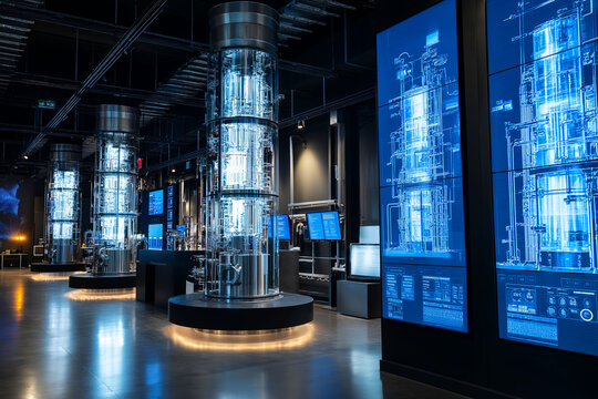 Green Methanol renewable sustainability. High-tech lab featuring digital screens and methanol displays.