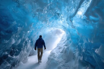 Exploring the stunning blue ice tunnel in a glacier landscape on a bright day
