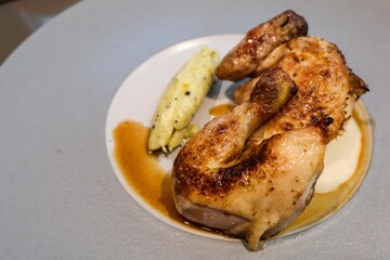 a portion of roasted chicken, golden and crispy on the outside, accompanied by a smooth, creamy serving of mashed potatoes with a drizzle of savory sauce  on a white and grey plate