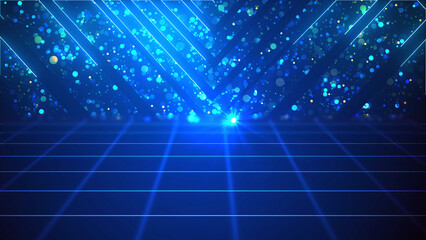 Golden star award show background stage backdrop for announcing winners and nominees. Shimmering arrow particle with neon outlines and 3d grid floor. A glistering, fairy tale-like festive bg. 