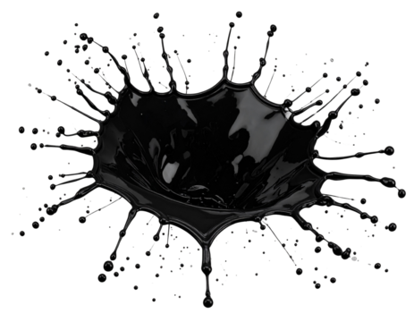 Dynamic Black Paint Splash with Dripping Droplets, isolated on transparent background