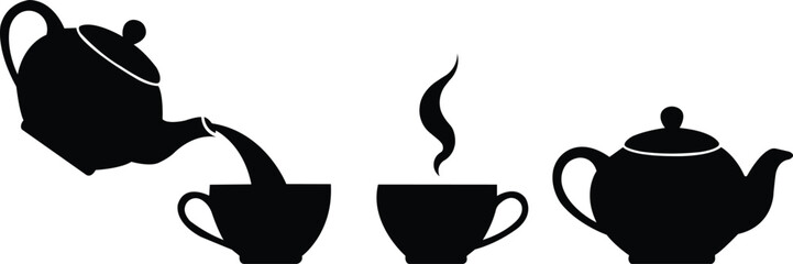 Set of teapot icon, Teapot and a cup of tea or coffee silhouette, Set of kettle silhouette isolated on white background