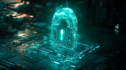 A glowing green lock is on a computer chip