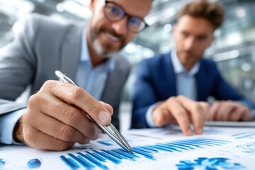 Business colleagues analyzing data trends in modern office setting during daytime