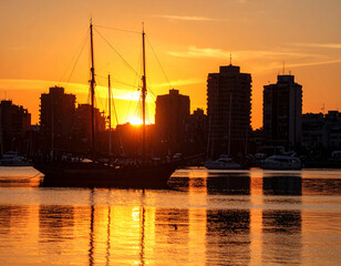 Fototapeta premium The skyline of Montevideo against a dramatic sunset, with modern buildings silhouetted against vibrant colors.