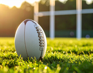 A generic rugby ball resting on a green grass field, with goal posts in the blurred background, hinting at popular sport.