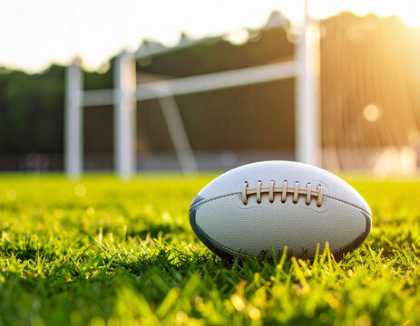 A generic rugby ball resting on a green grass field, with goal posts in the blurred background, hinting at popular sport.