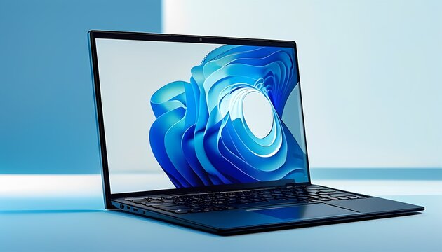 Sleek Modern Laptop Displaying Windows 11 Abstract Blue Wallpaper on a Blue Surface