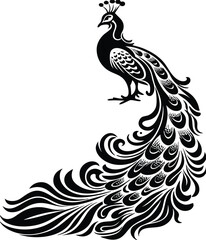 Fototapeta premium Black and White Stylized Peacock Illustration Bird Feathers Tail Design Graphic Art