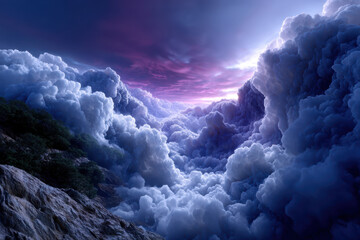 Dramatic cloud formations above a serene mountain landscape at twilight