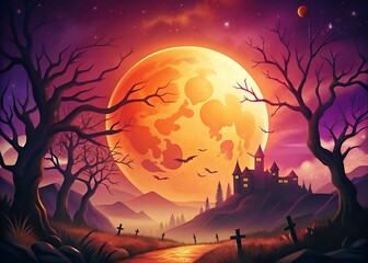 Spooky halloween landscape with a giant orange moon silhouetted haunted castle bare trees flying bats and a graveyard under a starry purple sky