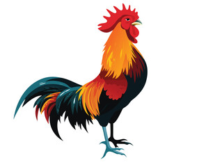 Fototapeta premium Vibrant Rooster Illustration Red Orange Black Teal Feathers Bird Farm Animal chicken