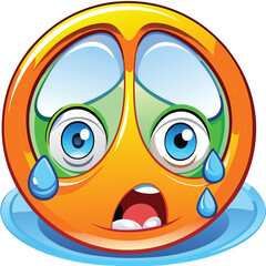 Sad Cartoon Peace Sign Emoji Character Crying Blue Tears Orange Yellow Green emoticon