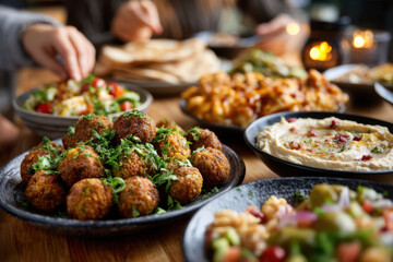 Gathering around a table filled with diverse dishes and appetizers in a cozy restaurant setting