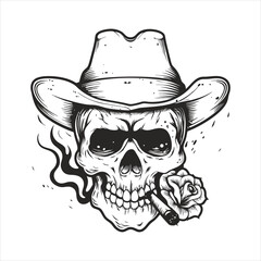 Cowboy skull with a rose and cigar is isolated on white background