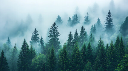 Fototapeta premium A dense forest with a thick fog covering the trees