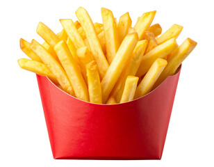 Golden Crispy French Fries in Red Paper Cone, isolated on transparent background