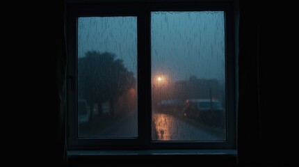 Fototapeta premium Heavy rain hits a dark window at night, lit by a single streetlight.
