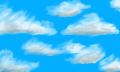 Hand drawn blue sky with clouds background. Cloudy skies hot summer illustration.
