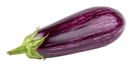 Close up image of a fresh purple eggplant with green calyx on black background, healthy vegetable