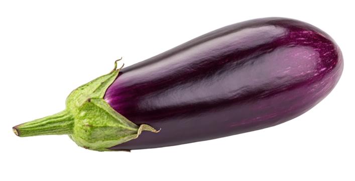 Fresh purple eggplant isolated on black background, organic vegetable with green stem highlighted