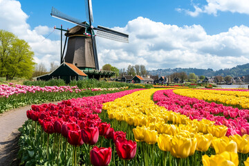 Colorful flower fields and windmill create a picturesque landscape