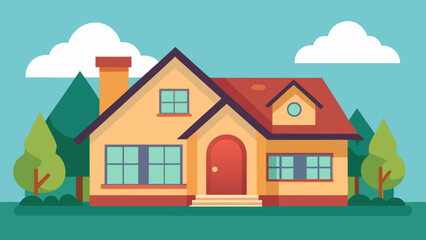 Stylized Suburban House Illustration with Trees and Clouds