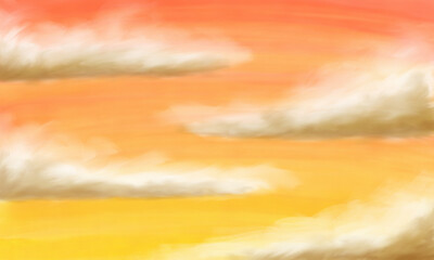 Hand drawn orange sky and clouds. Sunset skies background illustration.