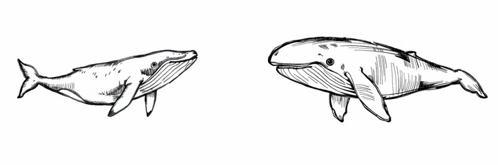 Two illustrations of whales swimming in simple outline style  