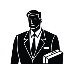 Elegant Businessman with Briefcase Black and White Minimalist Icon Style Illustration