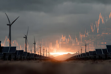 Rows of solar panels and wind turbines at sunset with overlaid financial stock market graphics, symbolizing renewable energy investment and clean technology growth.
