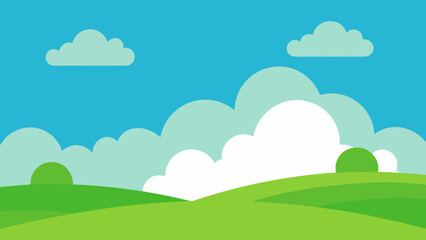 Obraz premium Cartoon Landscape with Green Hills Clouds and Blue Sky
