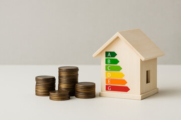 Stacked coins next to a wooden house model with energy efficiency rating chart. Concept of home energy savings, real estate investment, and cost reduction through eco-friendly solutions.