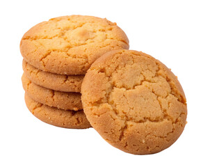 Stack of crispy golden cookies with one leaning showing texture against plain white background